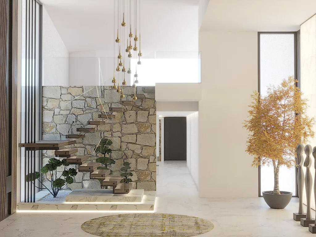 Render Hall de Entrada com escadaria luxuosa e Esculturas Karpa
