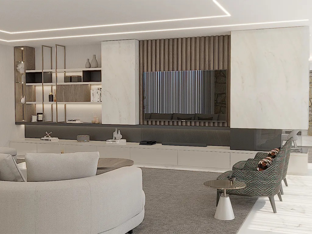 Render Sala de estar com Móvel TV Total, com Mármore Luxuoso
