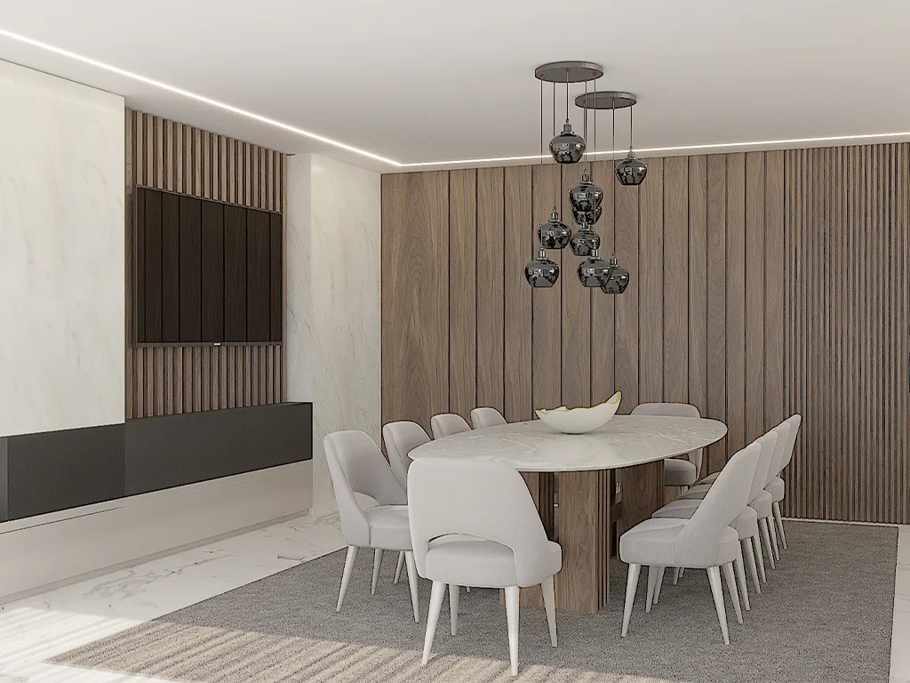 Render Sala de jantar com painel Ripado, Moderno e Luxuoso