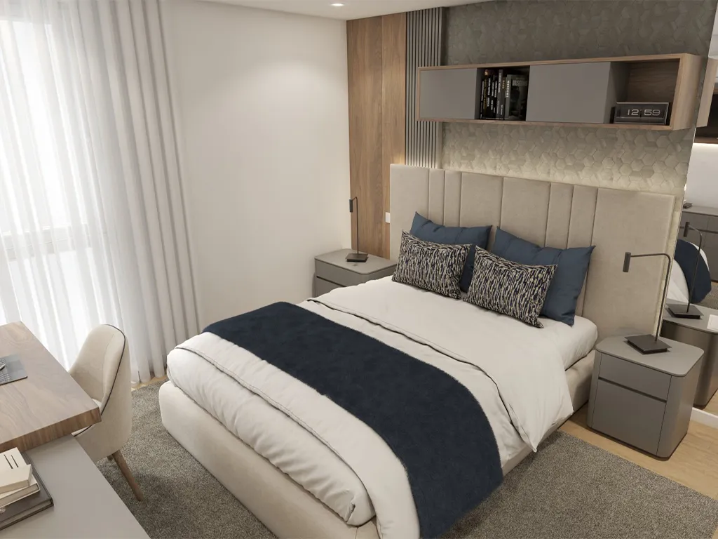 Render do Quarto de Menino com Tons cinza e bejes, Moderno