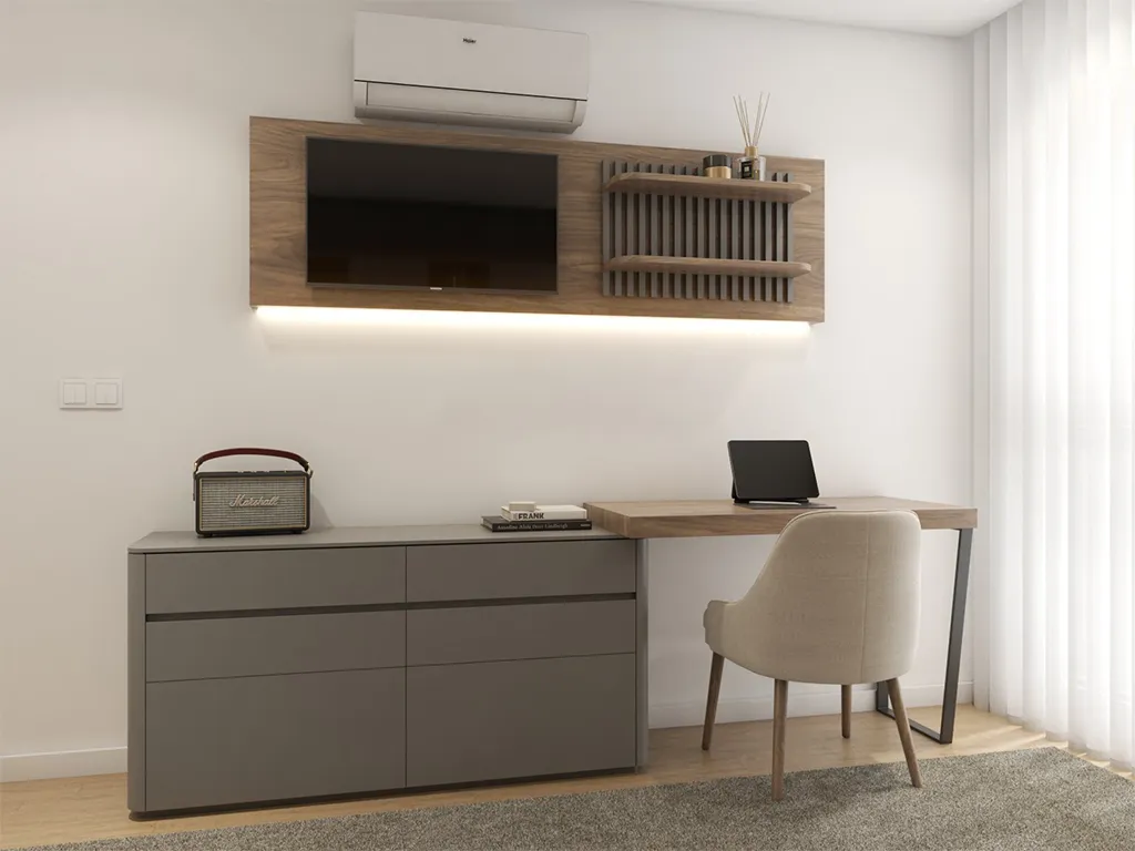 Render do Quarto de Menino com Tons cinza e bejes, Moderno