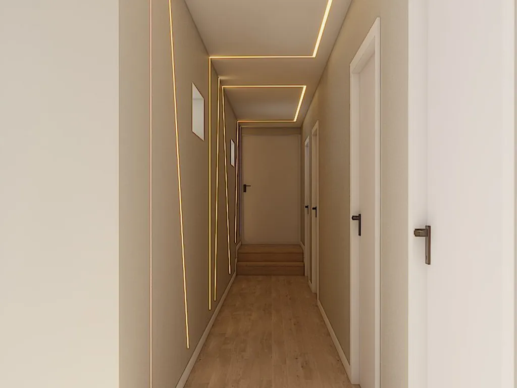 Render de Hall de Quartos com iluminação LED diferente