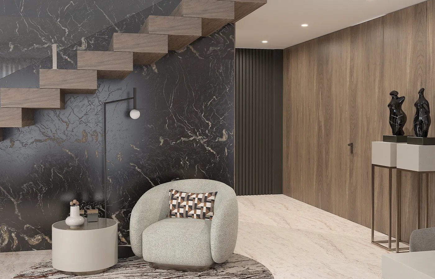 Renderização 3D de hall de entrada moderno com mobiliário personalizado