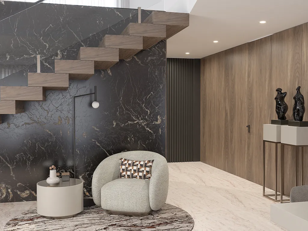 Render da zona de circulação com uma parede com mármore escuro