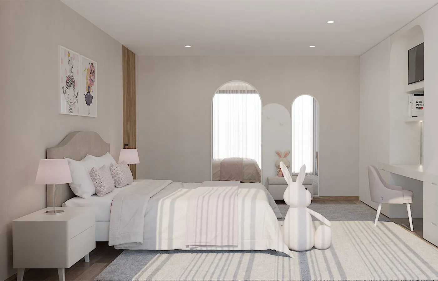 Render Lateral do quarto de Menina com tons rosas e bejes