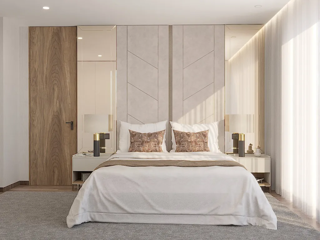 Render da suite em tons neutros com a nogueira 