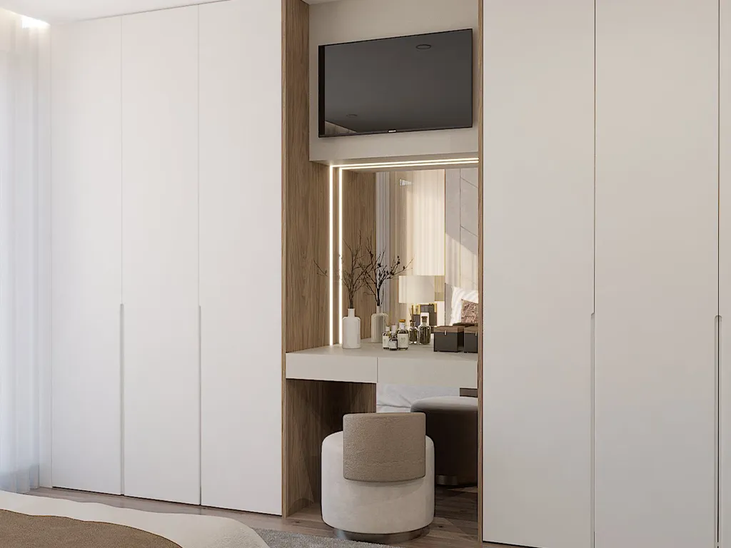 Render da suite com tons neutros e madeira