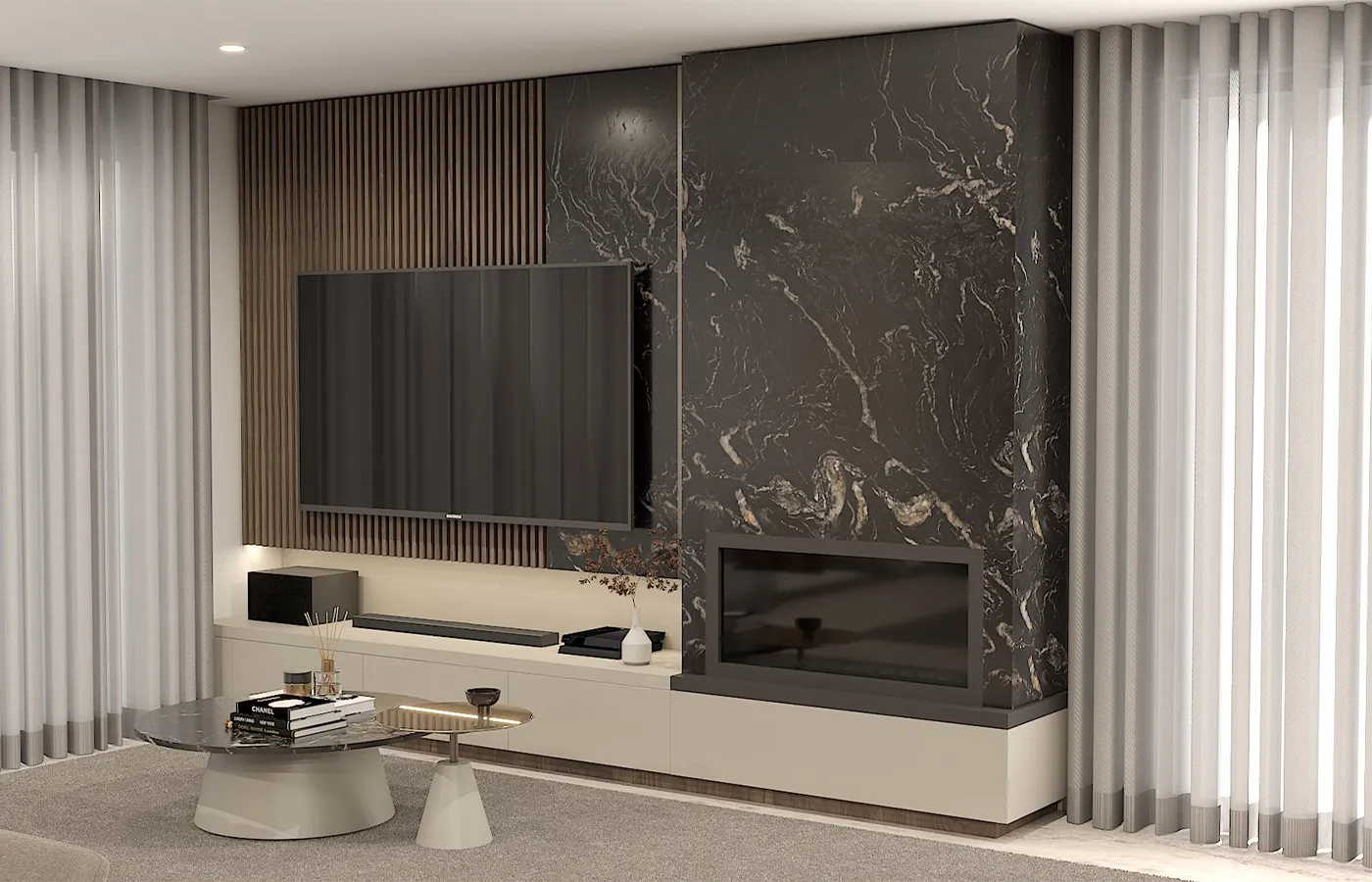Render Sala de estar com Móvel de TV beje com um mármore escuro