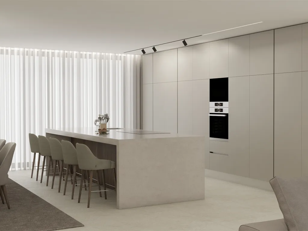 Render de Cozinha com corpos todos altos e uma ilha com uma pedra com cor neutra