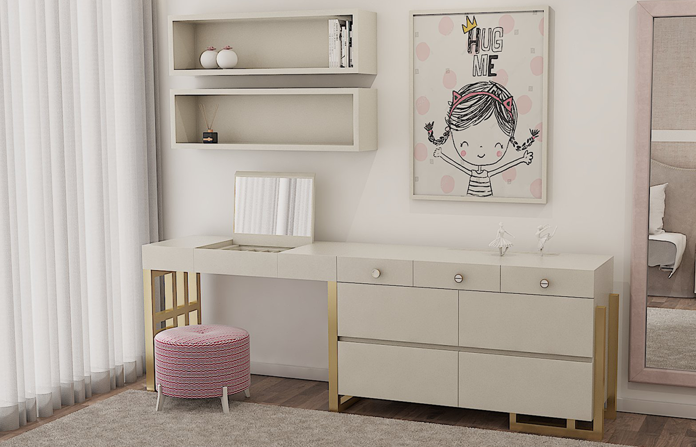 Render de Quarto de menina, moderno com tons de rosa, dourados e beje