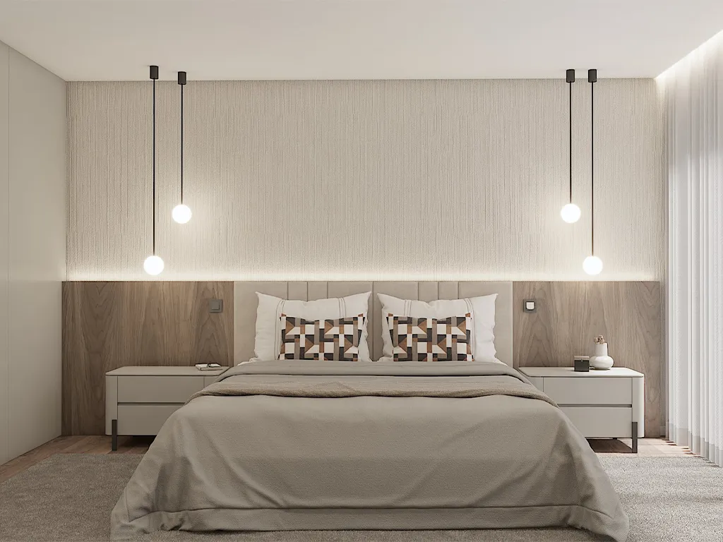 Render da Suite com iluminação pendente e uma cabeceira com estofo e nogueira