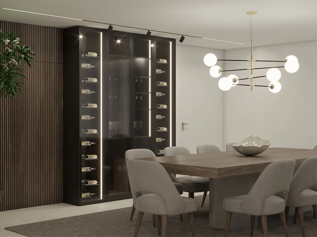 Render da sala de jantar com a mesa de jantar em nogueira e uma garrafeira moderna