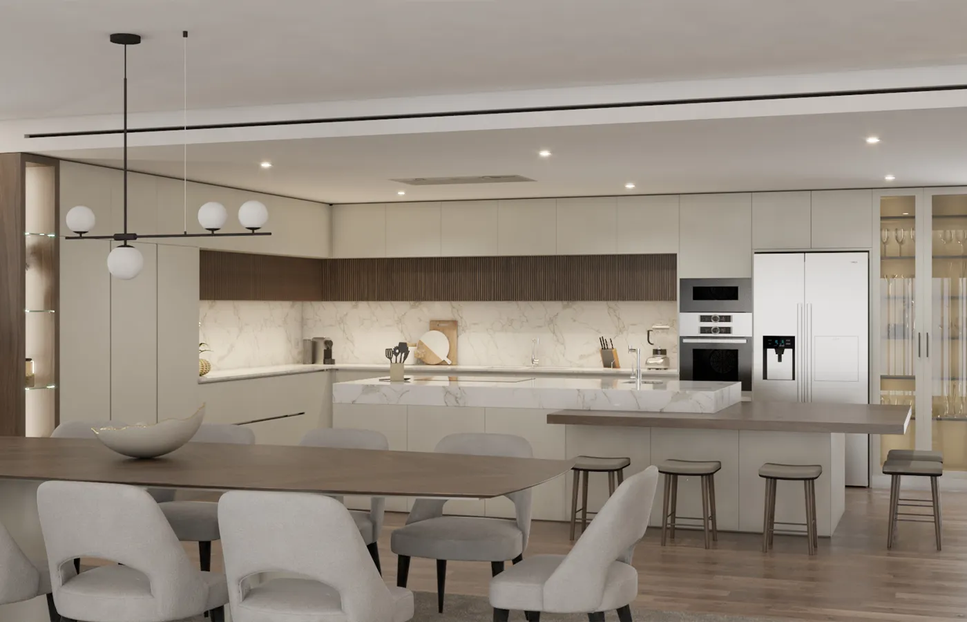Render do Open Space da Sala de Jantar com a cozinha Moderna