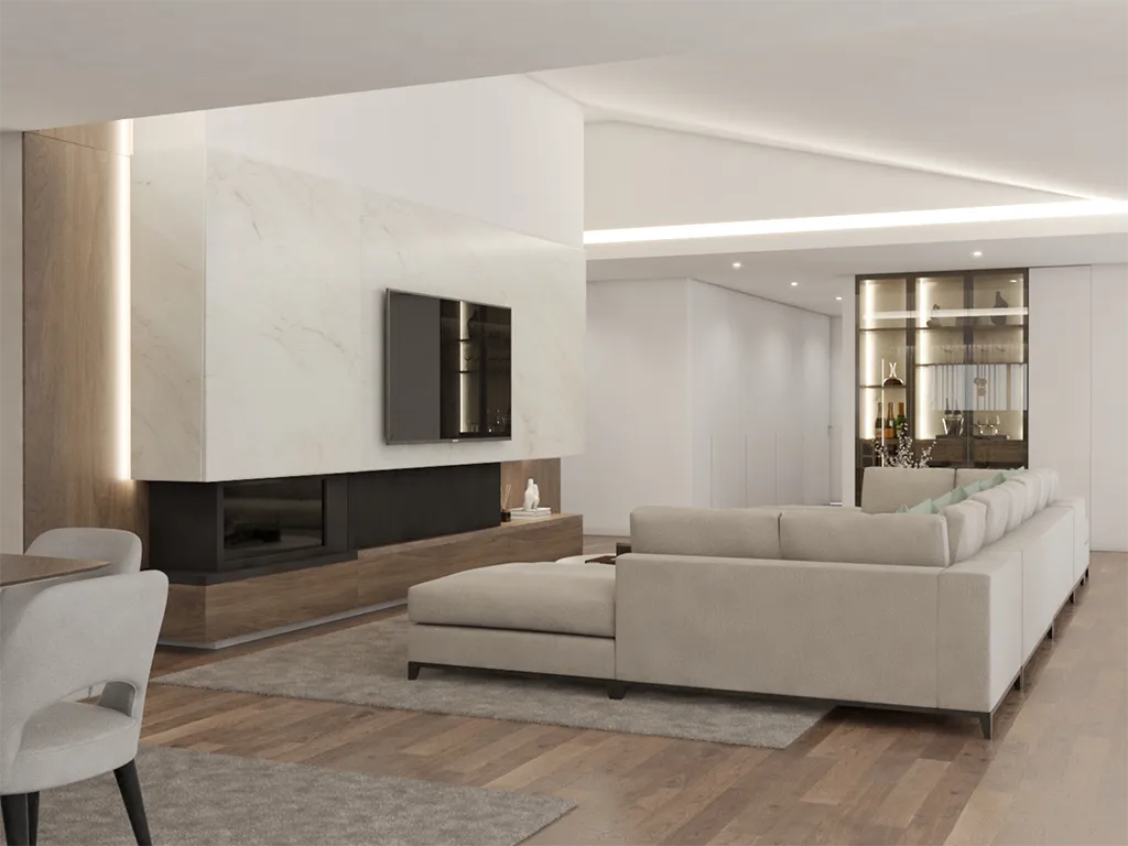 Render da Sala de estar com o móvel de TV em mármore claro