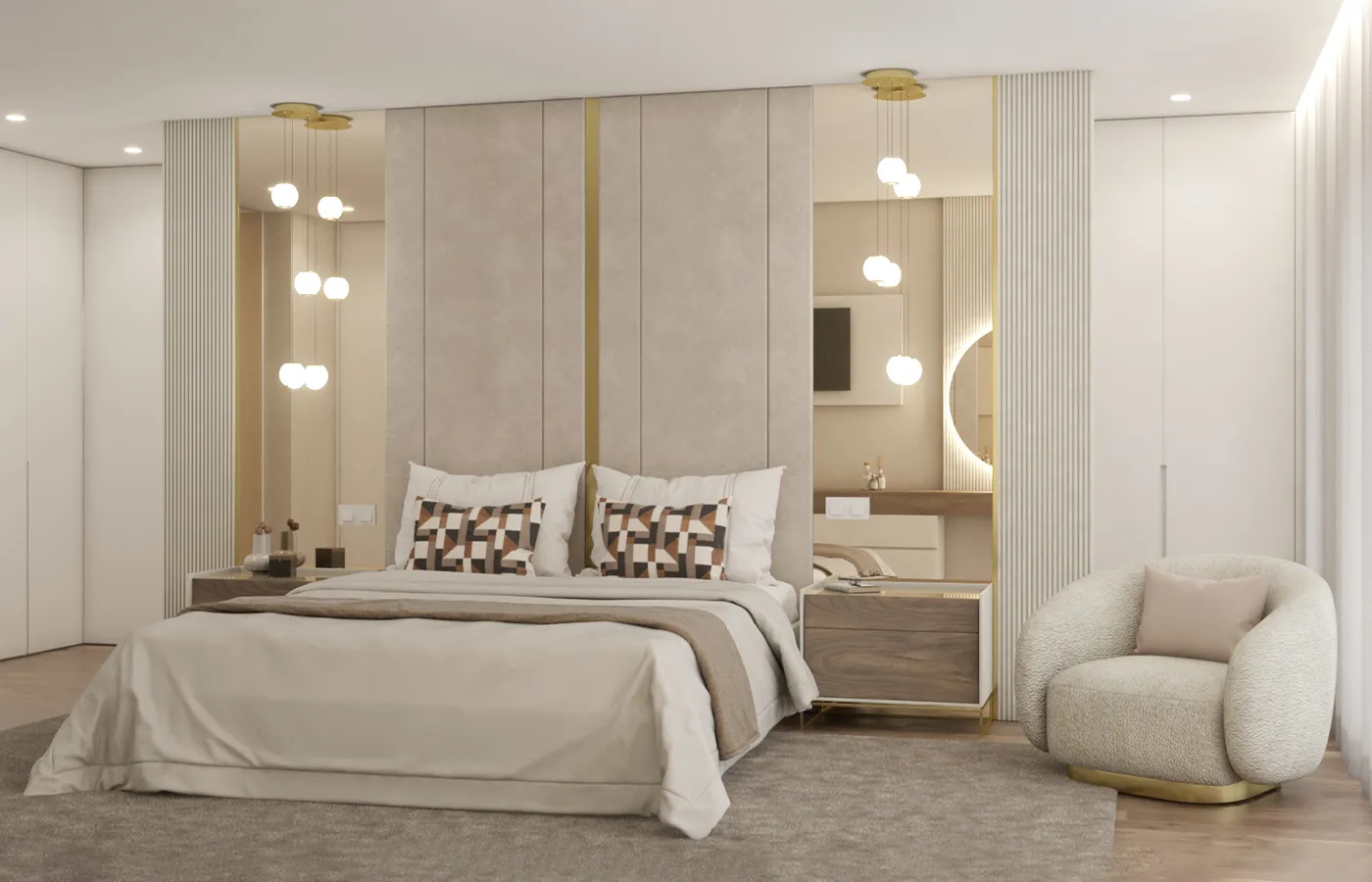 Render da Suite com Cabeceira até ao teto com espelho e dourados