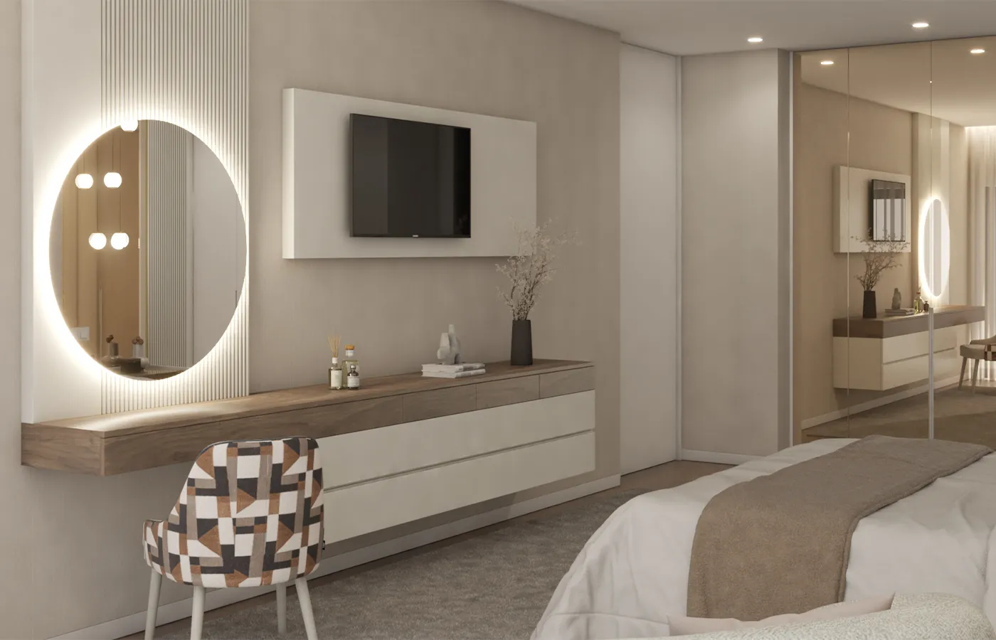 Render da parte da frente da suite com tons neutros e nogueira