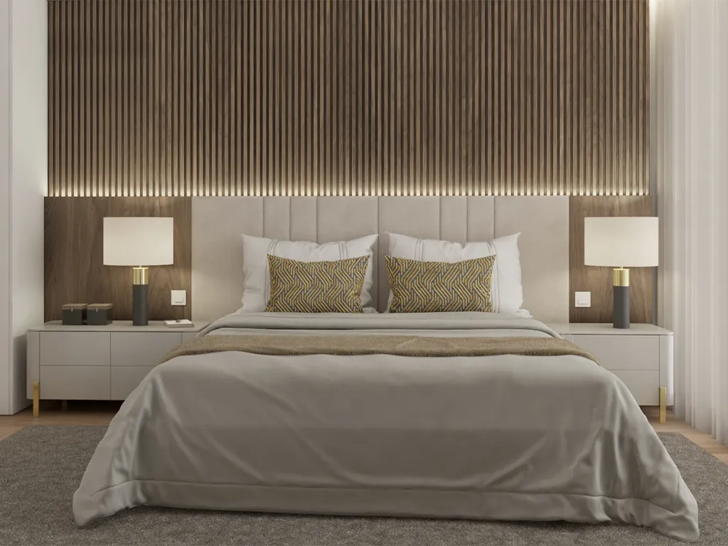 Render da Suite com cabeceira em estofo e Madeira de nogueira e ripado atrás em nogueira