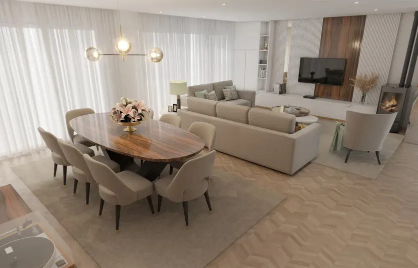 Render de Sala de estar e jantar