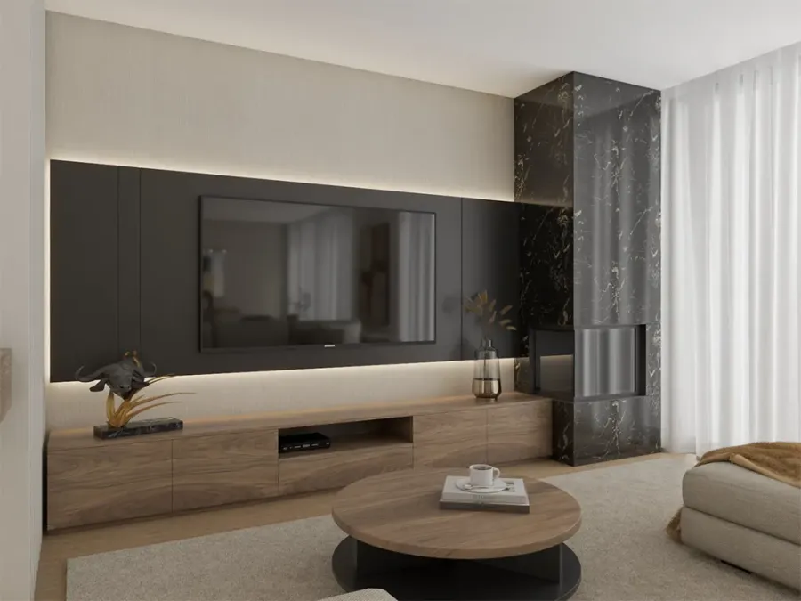 Visualização Virtual de uma sala de estar moderna, com mobiliário personalizado em madeira de nogueira com iluminação LED e detalhes em ferro preto