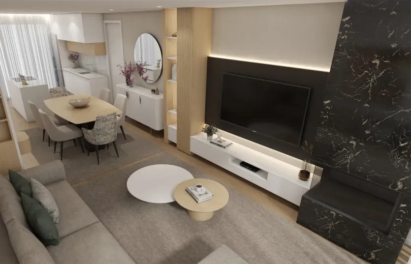 Render de Sala de estar e jantar