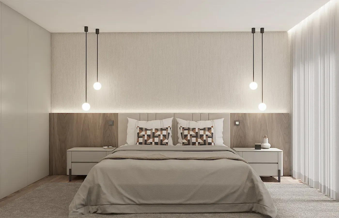 Quarto minimalista em tons neutros, com iluminação pendente e cabeceira de nogueira com estofo