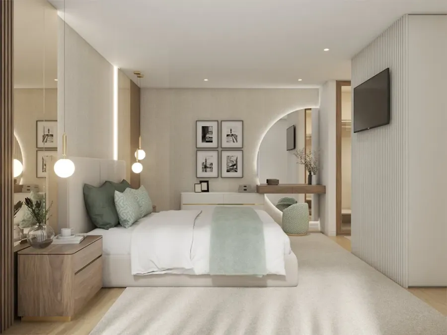 Imagem 3D de um quarto de casal com iluminação pendente, com espelho ao lado da cama e um quadro sobre a cama