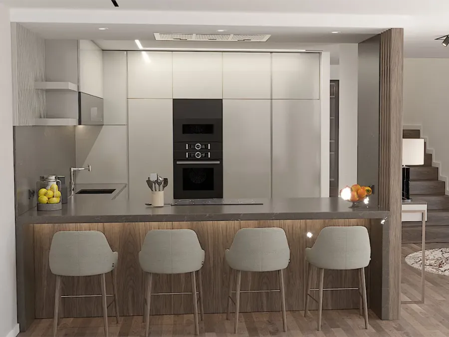 Visualização virtual de cozinha planejada com acabamentos em madeira, mármore e iluminação LED