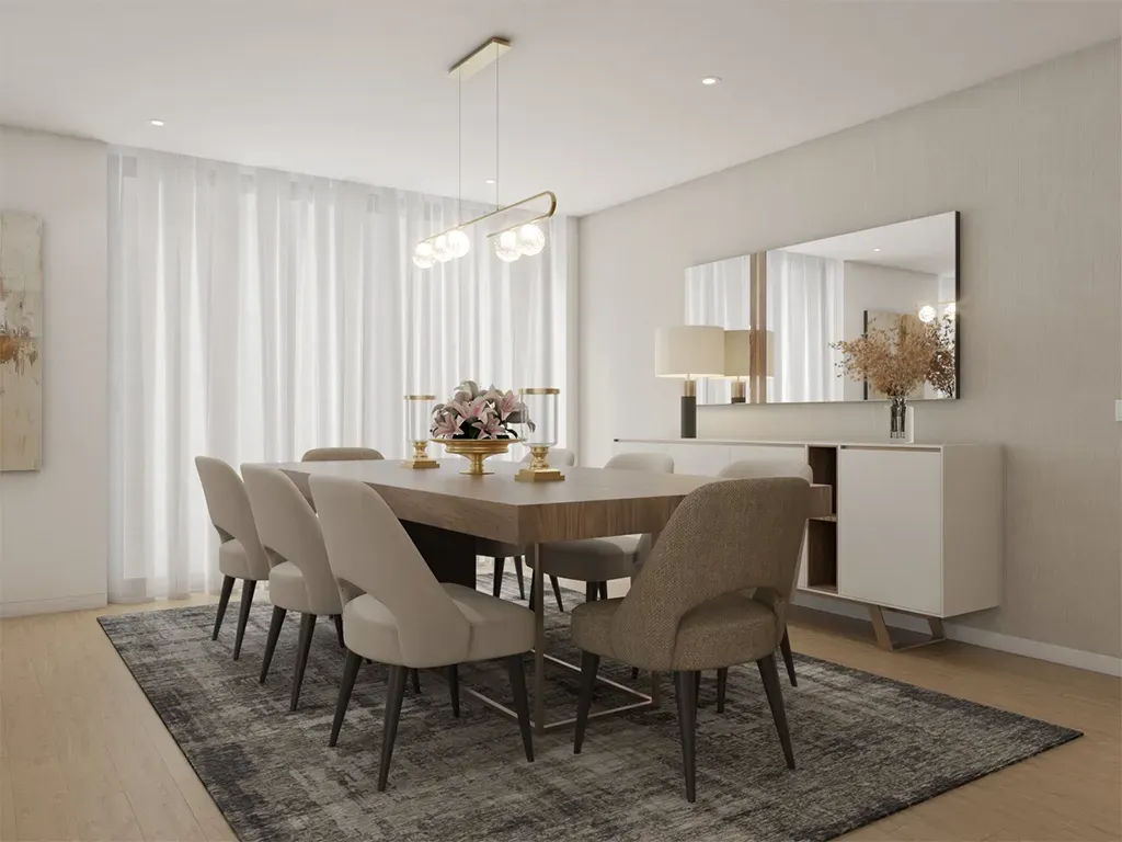 Render 3D de uma cozinha com detalhes em madeira de nogueira, lacados e iluminação LED