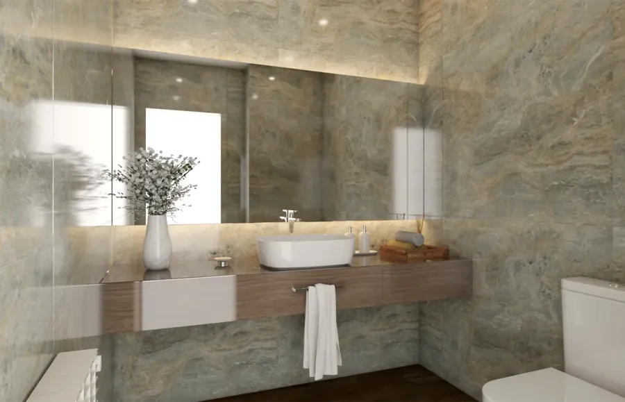 Visualização de uma casa de banho de serviço com mobiliário feito á medida