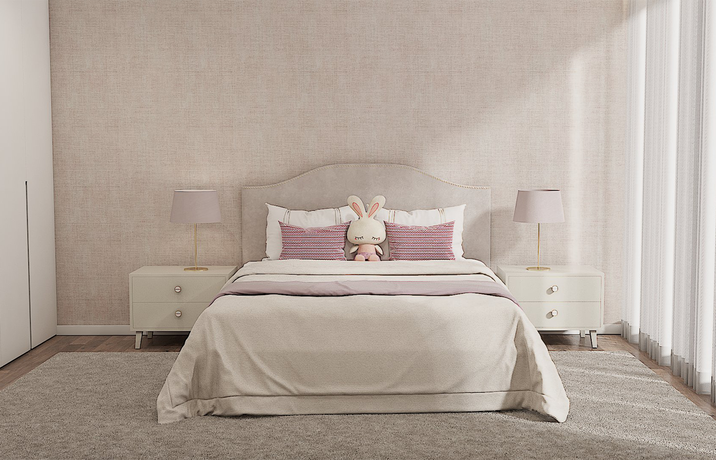 Render de Quarto de menina, moderno com tons de rosa, dourados e beje